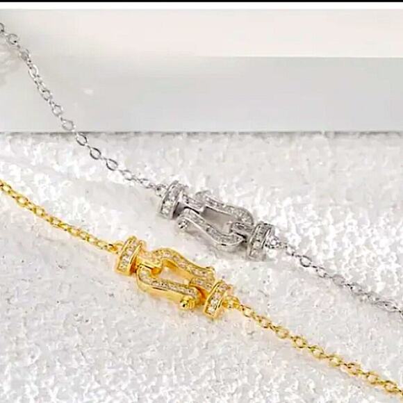 Sterling Silver Horseshoe Zircon Bracelet Chain Link Snaffle Stirrup D Ring - Picture 5 of 7